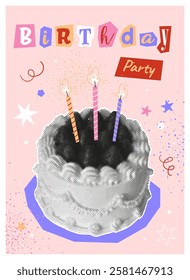 Trendy poster featuring a halftone-style cake, candles, doodle elements, and geometric shapes. Vibrant letter cutouts in a collage style. Perfect for birthdays, celebrations, parties, greetings