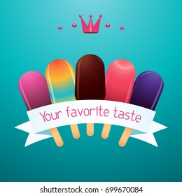 Trendy poster with five different ice cream with white banner and inscription Different tasty ice cream on blue background
