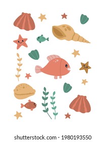Trendy poster with fun smiling fish, see underwater creatures, shell and starfish for nursery, cards or invitation. Hand drawn vector illustration in boho style, pastel color isolated white background