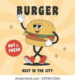 Trendy poster with groovy hippie burger. Cartoon character in trendy retro style. Vector illustration