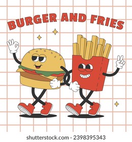 Trendy poster with groovy hippie burger and french fries. Cartoon characters in trendy retro style. Vector illustration