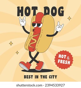 Trendy poster with groovy hippie hot dog. Cartoon character in trendy retro style. Vector illustration