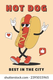 Trendy poster with groovy hippie hot dog. Cartoon character in trendy retro style. Template for banner, poster, flyer. Vector illustration