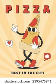 Trendy poster with groovy hippie pizza. Cartoon character in trendy retro style. Template for banner, poster, flyer. Vector illustration