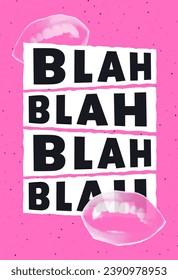 Trendy poster with halftone collage mouth. Gossip concept. Contemporary grunge style. Retro vector illustration.