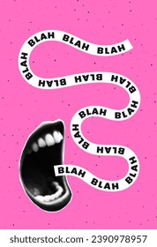 Trendy poster with halftone collage mouth. Gossip concept. Contemporary grunge style. Retro vector illustration.