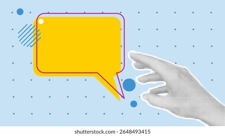 Trendy poster with hand in halftone style on the topic of sending messages. Conduct correspondence, give comment, place an ad concept. Horizontal banner, vector graphics