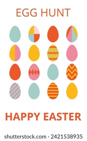 Trendy poster for Happy Easter with text. Design with simple geometric shapes of colorful eggs. Bauhaus style. Layout for card, poster, advertising, banner