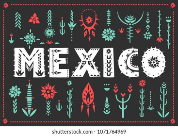 Trendy poster Mexico with lettering and decorative floral elements.