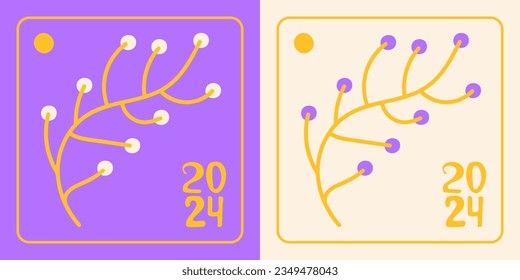 Trendy poster with modern colorful 2024 typography on the New Year holiday, banner cover background design. Hand drawn vector illustration for print, social media designs