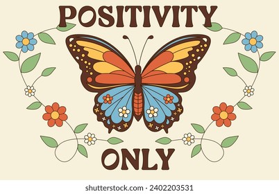 Trendy poster in retro style. Cover with beautiful butterfly, blooming wildflowers and daisies. Groovy hippie postcard or vintage print in 70s style. Cartoon flat vector illustration