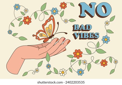 Trendy poster in retro style. Hippie card in 70s style with hand holding beautiful butterfly, daisies and flowers. Groovy romantic cover or party invitation. Cartoon flat vector illustration
