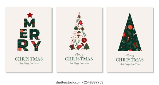 Conjunto de póster de moda Árbol de Navidad y letras de texto de saludo en estilo moderno. Ilustración vectorial Navidades alegres modernas, tarjetas del año Nuevo feliz. Diseño web de concepto minimalista, Anuncio de redes sociales, Plantilla.