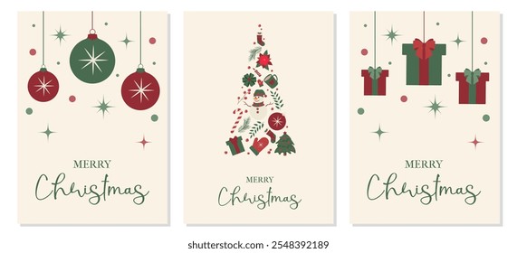 Cartaz da moda definir Xmas árvore, bolas e caixas de presente em estilo moderno. Ilustração vetorial Feliz Natal moderno, cartões de feliz ano novo. Design minimalista web conceito, banner de mídia social, modelo.