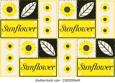 Trendy poster with sunflower and folk ornaments in vintage style. Hand drawn illustration for banners, postcards, wallpaper, babe cards. 