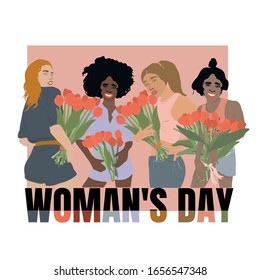 Trendy Poster - Frauentag. Multikulturelle Mädchen stehen zusammen mit einem Tulpenstrauß. Frühlingsferien, 8 März, eine Gruppe von Freunden verschiedener Nationalitäten, nein zu Rassismus. 