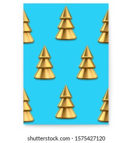 Trendy poster with xmas pattern. Golden Christmas trees. Realistic metallic pines with shadow on blue background. Vector 3d illustration
