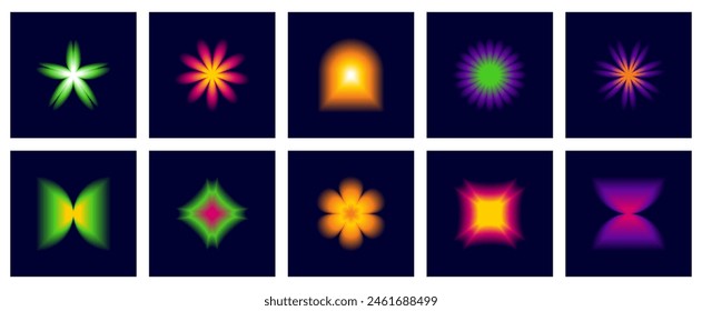 Trendy posters with aura gradient shapes. Modern bright  elements  with blurry effect. Flowers y2k aesthetic postcards, background. Vector