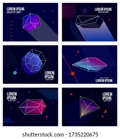 Trendy Posters or Banners Set with different geometric shapes and place for text. Neon colored backgrounds with copy space.  Vector illustration. 