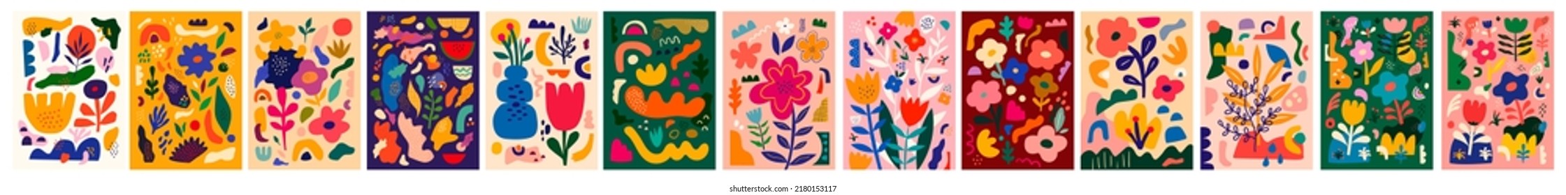 Trendy posters and cards with flowers and abstract patterns. Summer bright colourful abstract collection of posters. Set of amazing floral designs for Notebook covers.