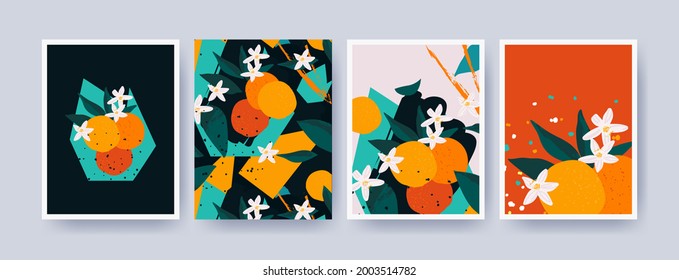 Trendy posters, or cards set. Contemporary art collage of oranges with blossom flowers, leaves and geometric forms. Modern minimal design for print, paper, packaging, cover, fabric, interior decor.