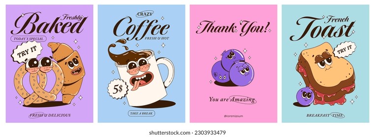 Trendy posters with funny characters. Fresh pastries, pretzel, croissant, French toast, coffee, blueberries. Branding mascots for cafe, restaurant, bar. Vector illustration.