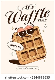Trendy posters with funny characters. Fresh baked. It's Waffle Time. Branding mascots for cafe, restaurant, bar. Vector illustration.