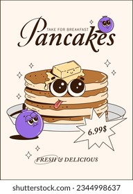 Trendy posters with funny characters. Fresh baked. Take For Breakfast Pancakes. Branding mascots for cafe, restaurant, bar. Vector illustration.