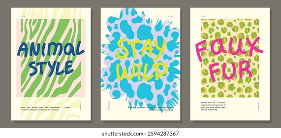 Trendy posters with overlapping hand drawn lettering text on wildlife background. Modern abstract animal zebra, leopard and cow texture. Hand drawn vector template for cards, prints and social media. 