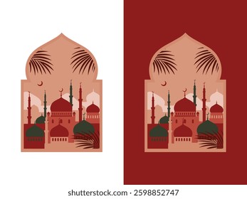 Trendy posters for Ramadan Kareem and Eid Al Fitr. Vector illustration with mosque, stars and crescent in pastel colors. Modern flyers for Islamic holiday