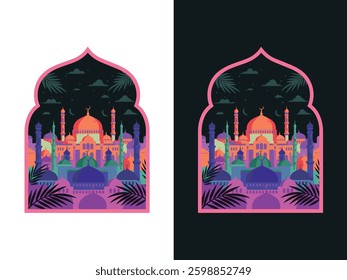 Trendy posters for Ramadan Kareem and Eid Al Fitr. Vector illustration with mosque, stars and crescent in pastel colors. Modern flyers for Islamic holiday