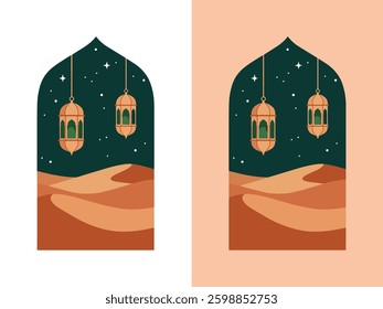 Trendy posters for Ramadan Kareem and Eid Al Fitr. Vector illustration with mosque, stars and crescent in pastel colors. Modern flyers for Islamic holiday
