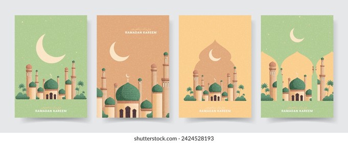 Trendy posters for Ramadan Kareem. Vector illustration with mosque, stars and crescent in pastel colors. Holy month Ramadan. Modern flyers for Islamic holiday. Arabic text translation Ramadan Kareem.