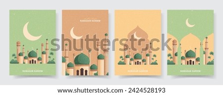 Trendy posters for Ramadan Kareem. Vector illustration with mosque, stars and crescent in pastel colors. Holy month Ramadan. Modern flyers for Islamic holiday. Arabic text translation Ramadan Kareem.