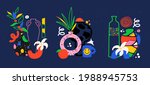 Trendy pottery and ceramic vases with abstract leaves and flowers. Colorful doodle shapes with texture, dots, and stripes. Still life in neon colors. Hand drawn jug, jar, vase pot and plate vector set