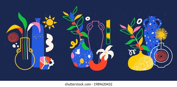 Trendy pottery and ceramic vases with abstract leaves and flowers. Colorful doodle shapes with texture, dots, and stripes. Still life in neon colors. Hand drawn jug, jar, vase pot and plate vector set