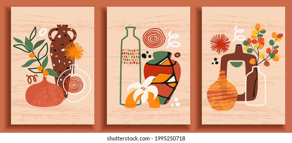 Cerámica de moda y jarrones de cerámica con hojas y flores abstractas. Formas de doodle coloridas con textura, puntos y rayas. Todavía la vida en colores de neón. Jinete dibujado a mano, tarro, jarrón y conjunto vectorial de placa