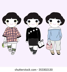 Trendy Pre Fall Collection Fashion Wonder Girls Character illustration set