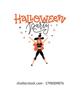 Trendy pretty dancing witch with lettering Halloween party. Hand drawn flat vector character. Halloween greeting card, costume party invitation
