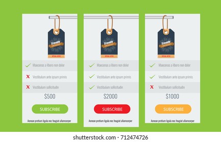 Trendy price list and offer columns. Three columns with green, red and orange color. Flat vector for your design