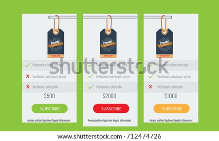Trendy price list and offer columns. Three columns with green, red and orange color. Flat vector for your design