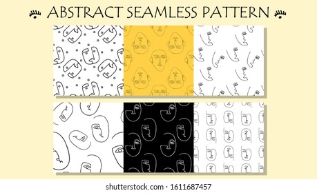 Trendy print with abstract graphic faces. Seamless pattern design. Outline portrait. One line drawing