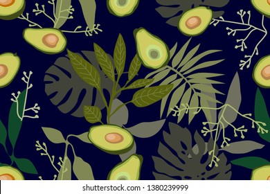 Trendy print with avocado and palm leaves. Seamless vector pattern with fruits and flowers. Retro textile collection. On black background.