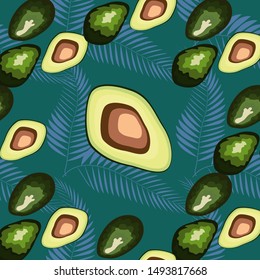 Trendy print with avocado and palm leaves. Seamless pattern with fruits and flowers. Retro textile collection