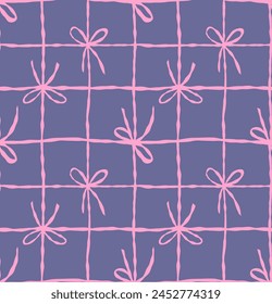 
Trendy print with bows. Mesh made of rope and bows. pink bows on a lilac background. Minimalistic style. Ornament for clothing, home textiles, stationery, packaging. Vector seamless pattern.