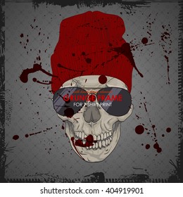 Trendy print for clothes. hipster skull in hat. T-shirt label design. Hand drawn illustration. Vector illustration. Skull in hat on grunge background