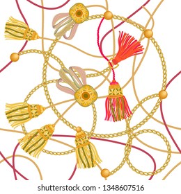 	
Trendy print with cords, golden chains and colorful brushes. Seamless vector pattern with jewelry elements. Women's fashon collection. On white background.
