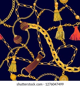 	
Trendy print with different golden chains, leather straps and colorful brushes. Seamless vector pattern with jewelry elements. Women's fashon collection. On black background.