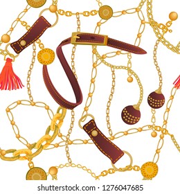 	
Trendy print with different golden chains, leather straps and colorful brushes. Seamless vector pattern with jewelry elements. Women's fashon collection. On white background.