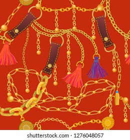 	
Trendy print with different golden chains, leather straps and colorful brushes. Seamless vector pattern with jewelry elements. Women's fashon collection. On red background.